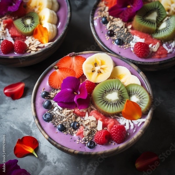 Fototapeta Vibrant smoothie bowls topped with fresh fruit, seeds, and edible flowers, arranged on a marble table, Generative Ai