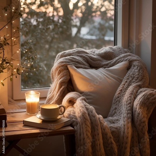 Fototapeta A cozy reading nook with soft lighting, Generative Ai
