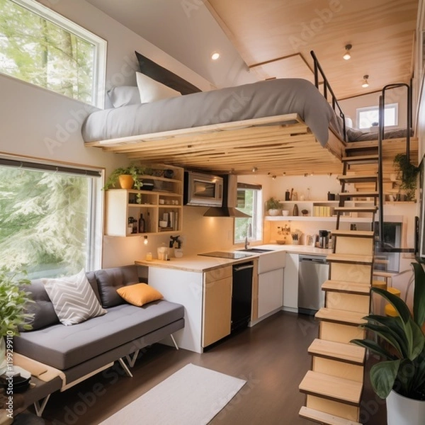 Fototapeta A modern tiny house interior with multifunctional furniture, Generative Ai