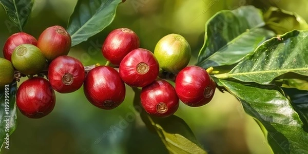 Fototapeta A close-up of coffee cherries ripening on the branch of a coffee plant in a tropical setting.