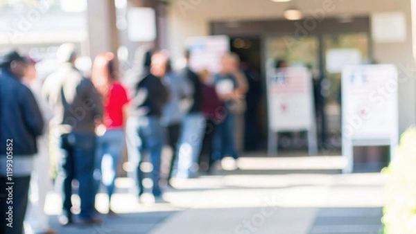 Fototapeta Election Day Blur: A blurred photo of voters lining up at polling stations during election day.	
