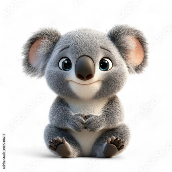 Fototapeta 3D Cartoon cute koala character sitting happily and looking friendly isolated on transparent background PNG