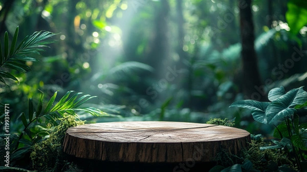 Fototapeta Sunlight filtering through trees illuminates a wooden stump in a lush forest setting