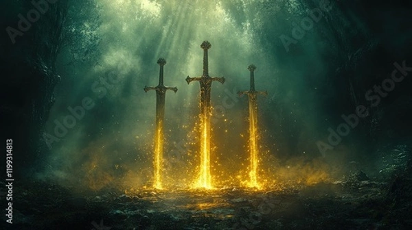 Fototapeta Three glowing swords in a dark forest.