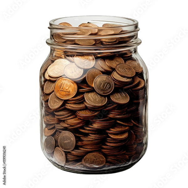 Obraz Jar filled with numerous copper coins isolated on transparent background, PNG