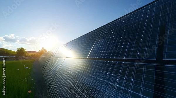 Fototapeta Solar panel array on a modern landscape, reflecting bright sunlight with sharp details of panel textures and a clean, cloudless sky