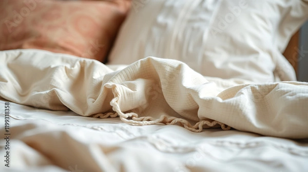 Fototapeta Creamy Beige Bedding: Cozy and Comfortable Bedroom Decor. Soft Linen Sheets, Pillows, and Blanket for a Relaxing Sleep Experience.