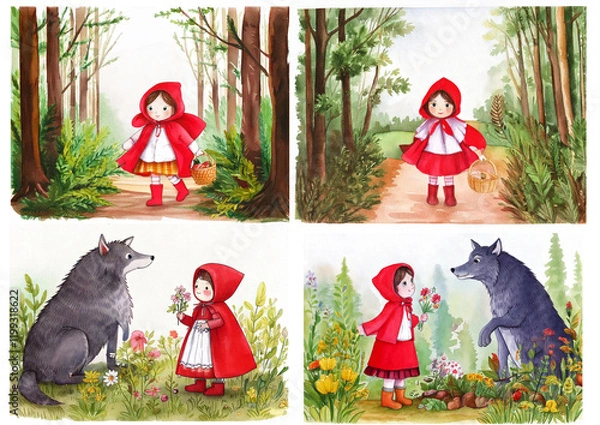 Fototapeta かわいい赤ずきんちゃん　おおかみ　森の中　絵本　イラスト　花畑　ほっこりほのぼの優しい雰囲気　童話　昔話　子供
