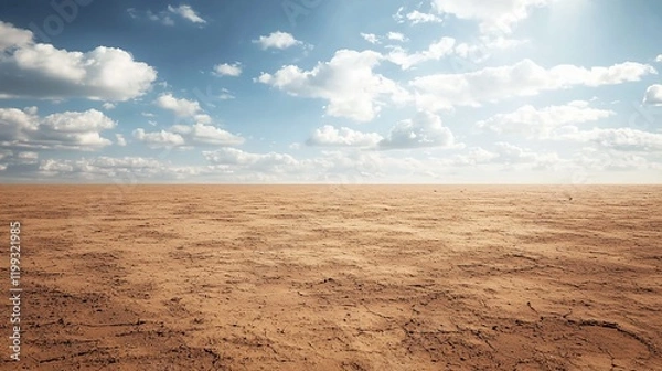 Fototapeta Vast, flat desert landscape under a bright, partly cloudy sky.