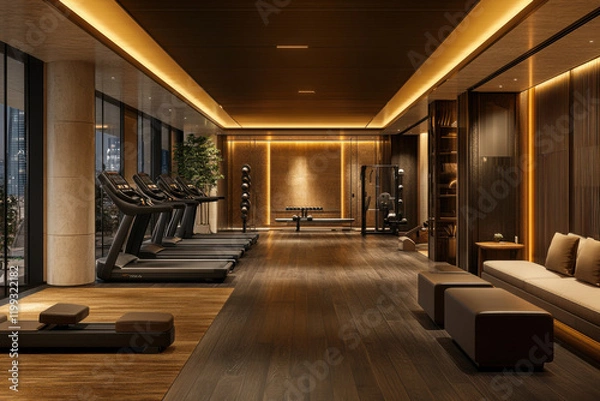 Fototapeta This luxury fitness center showcases a stylish interior with plush decor, featuring modern exercise equipment and a calm atmosphere ideal for a refreshing workout session.