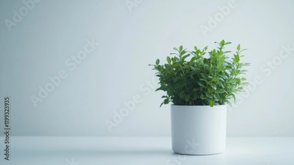 Fototapeta Minimalist indoor plant in a white pot on a light surface with copy space