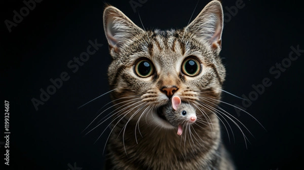 Fototapeta A cat with a surprised expression, a toy mouse in its mouth, on a black background