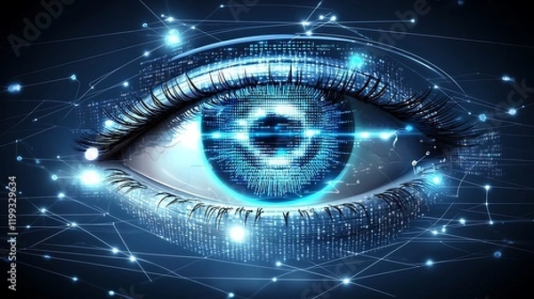Obraz Close-up stylized human eye illuminated by glowing 3D programming codes in a sleek virtual world