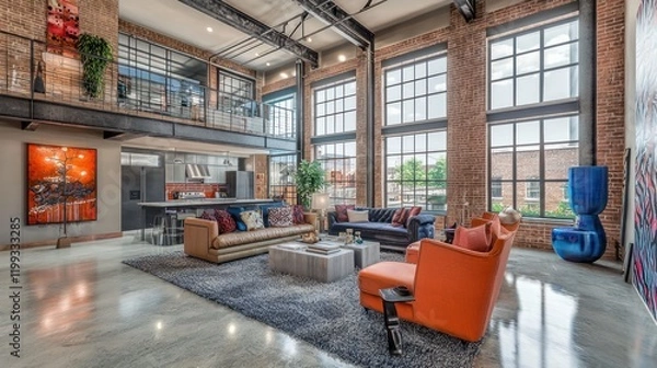 Obraz Modern loft interior with large windows and stylish furnishings.