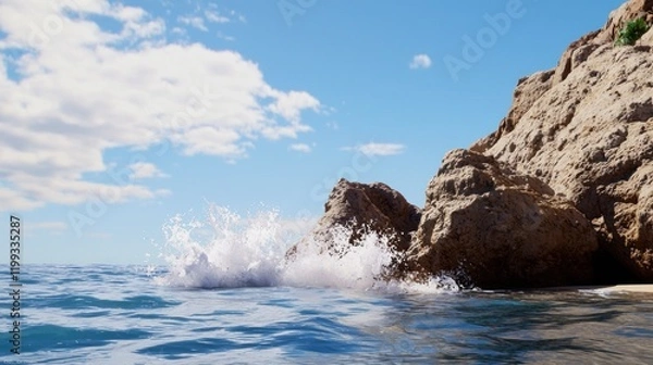 Obraz Waves crashing against rocky shoreline under a clear blue sky.