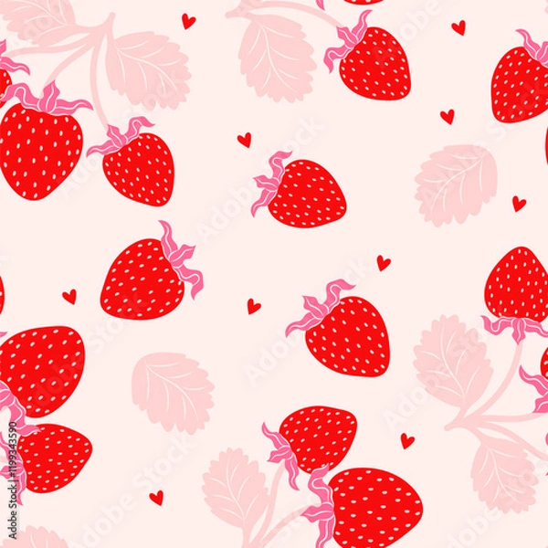 Fototapeta Simple seamless pattern with strawberries, hearts. Cartoon cute pink and red stickers for Valentine's Day. Wrapping, packaging design in flat style. Red and pink. Suitable for gift wrap or cards.