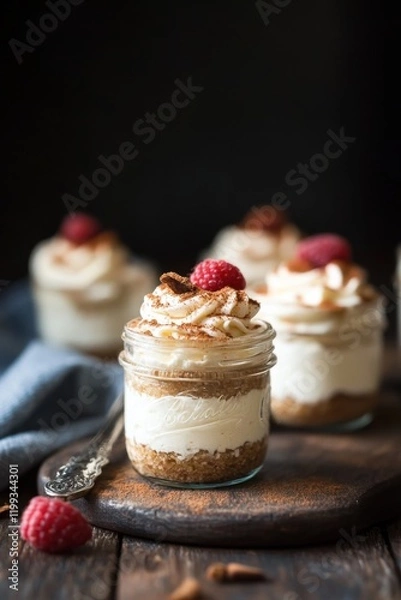 Fototapeta Delicious no-bake cheesecake in a jar with fresh raspberries and whipped cream for dessert inspiration