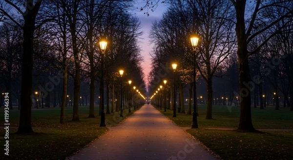 Fototapeta A beautifully lit pathway with glowing streetlights, lined by bare trees under a twilight sky, creating a peaceful and romantic ambiance.