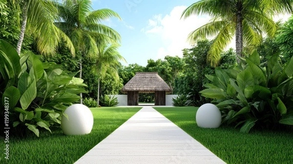 Obraz Lush garden pathway leading to a tropical hut.