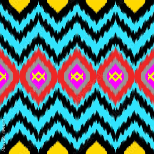 Fototapeta Vibrant zigzag pattern featuring bold colors like blue, red, and yellow, creating lively and dynamic design. Perfect for textiles or graphic backgrounds