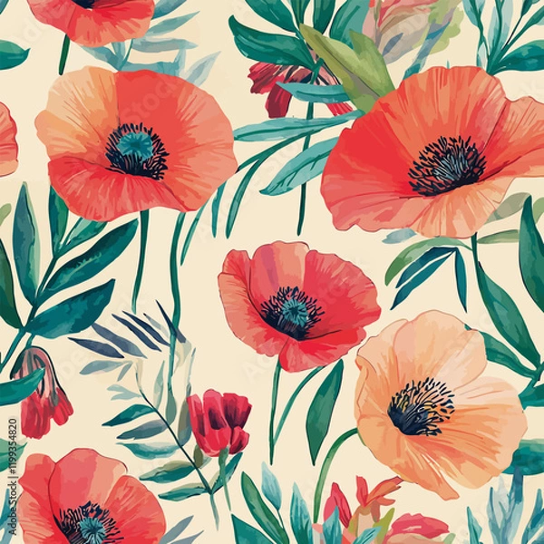 Fototapeta Pattern Of Poppies and Leaves Watercolor Vector Illustration.