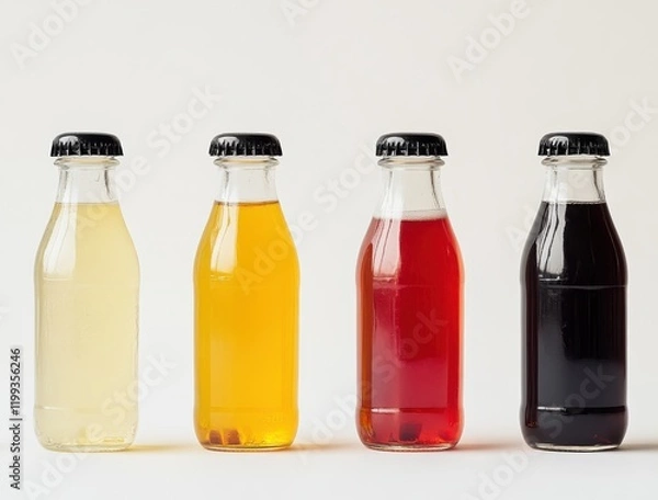 Obraz Assorted Bottled Drinks of Different Colors – Refreshing Beverages in Clear Glass Containers Displaying a Palette of Natural Hues for Creative Use in Design Projects