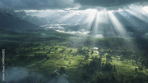 Fototapeta Sunbeams breaking through the clouds over a tranquil valley, illuminating patches of forest and fields below.