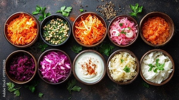 Obraz Colorful arrangement of probiotic-rich fermented foods like yogurt, kimchi, sauerkraut, and kefir, emphasizing digestive health benefits