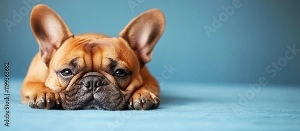 Fototapeta French Bulldog resting on soft blue background with ample empty space for text, showcasing warm brown tones and serene atmosphere.