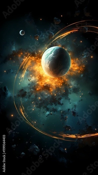 Fototapeta Digital blue and orange broken planet poster background