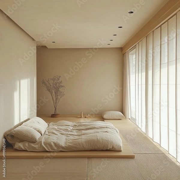 Fototapeta Minimalist Bedroom Design Featuring a Low Platform Bed