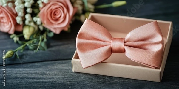 Fototapeta Elegant coral satin bowtie in a cream gift box alongside a pastel rose bouquet on dark wooden surface with empty copy space for text