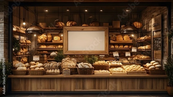 Fototapeta Bakery storefront presents fresh bread and pastries in glass showcase window, featuring wooden framed blank signboard and warm interior lighting with pendant lamps in rustic setting.