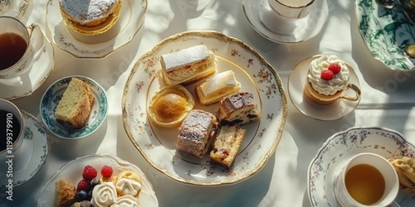 Fototapeta Tea time with a delightful assortment of sweet and savory treats, set elegantly on fine china at an afternoon tea gathering.
