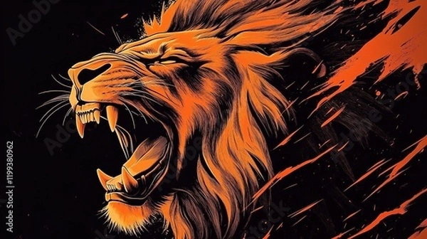 Fototapeta A roaring lion, in the style of vector art, with an orange and black color palette