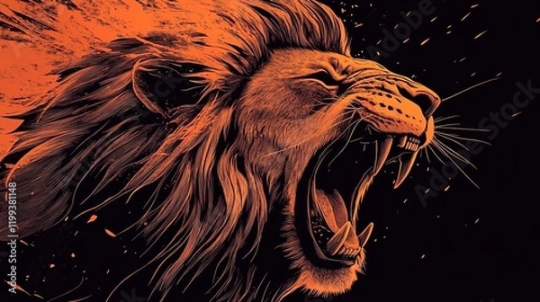 Fototapeta A roaring lion, in the style of vector art, with an orange and black color palette