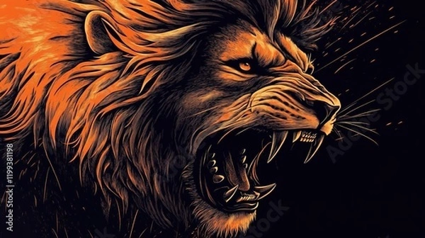 Fototapeta A roaring lion, in the style of vector art, with an orange and black color palette