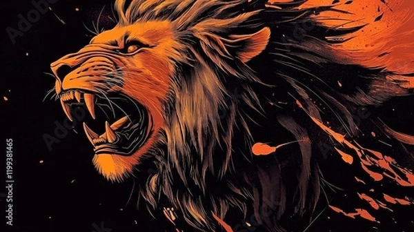 Fototapeta A roaring lion, in the style of vector art, with an orange and black color palette