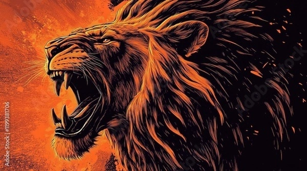 Fototapeta A roaring lion, in the style of vector art, with an orange and black color palette