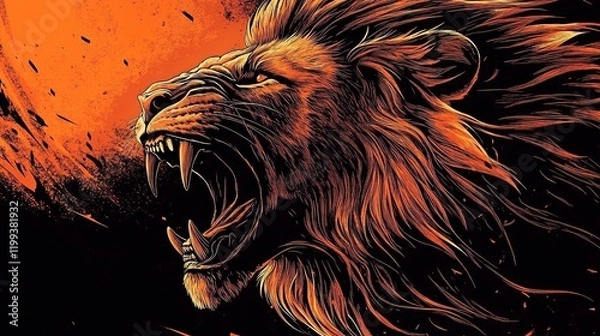 Fototapeta A roaring lion, in the style of vector art, with an orange and black color palette