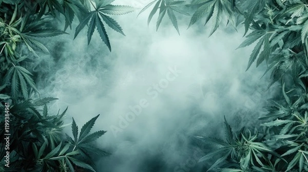 Fototapeta Lush Green Cannabis Leaves Framing Soft Smoke Haze Background with Subtle Copy Space for Text and Atmospheric Detail in Center