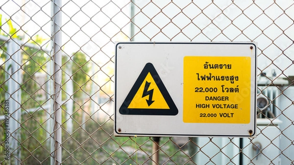 Fototapeta Electrical high voltage caution sign plate (In Thai and English text)  that installed on wire fence of power supply station. Sign and symbol for industrial, close-up with selective focus.