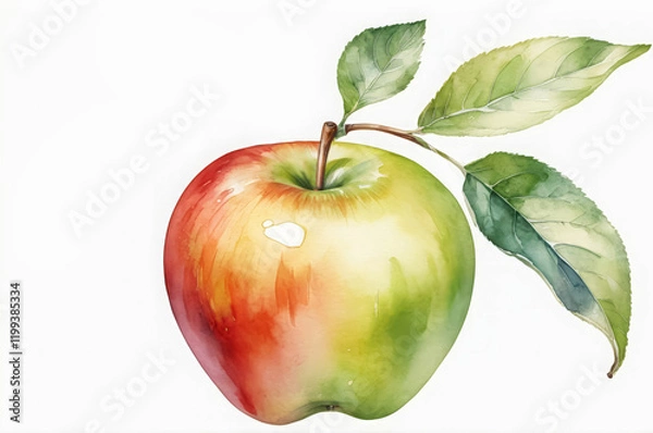 Fototapeta Watercolor illustration of a red ripe apple on a branch with leaves on a white background