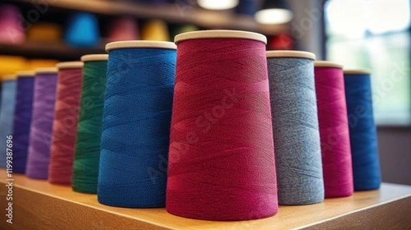 Fototapeta Vibrant spools of thread in various hues displayed prominently in a fabric shop, with warm lighting and ample empty space for creative text placement.