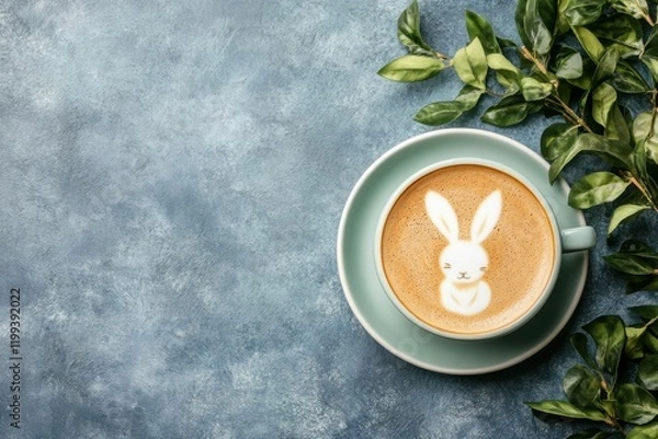 Fototapeta Adorable bunny latte art in a teal cup,  perfect for Easter or a spring morning. Enjoy!