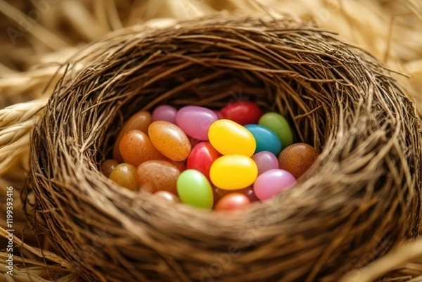 Fototapeta Colorful candies nestled in a bird's nest, creating a festive and whimsical scene.