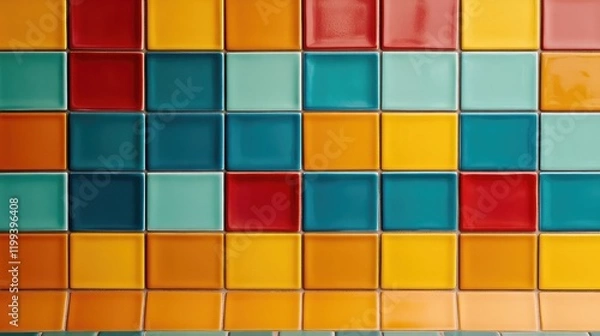 Fototapeta Vibrant arrangement of colorful ceramic tiles in orange teal red and yellow shades with empty copy space for text in horizontal layout.