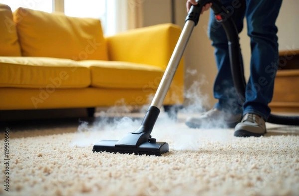 Fototapeta Person uses a steam cleaner to deep clean the carpet in a bright living room, ensuring a fresh and tidy space