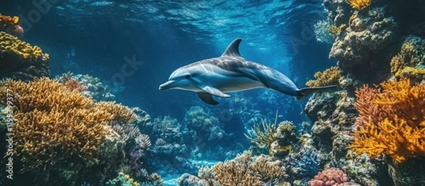 Fototapeta Vibrant underwater scene featuring a playful dolphin swimming gracefully among colorful coral reefs in a serene deep sea garden with ample space for text.