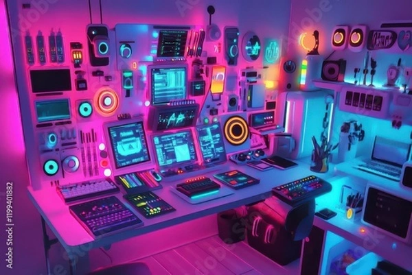 Fototapeta Colorful Desk with Vibrant Gadgets in Abstract Style